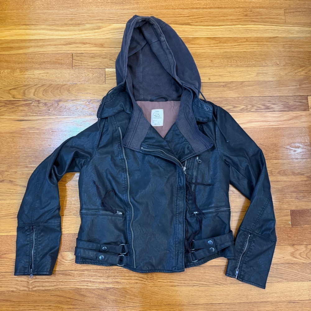 Free People We The Free Cleo Hooded Vegan Leather Moto Jacket Black - Size Large